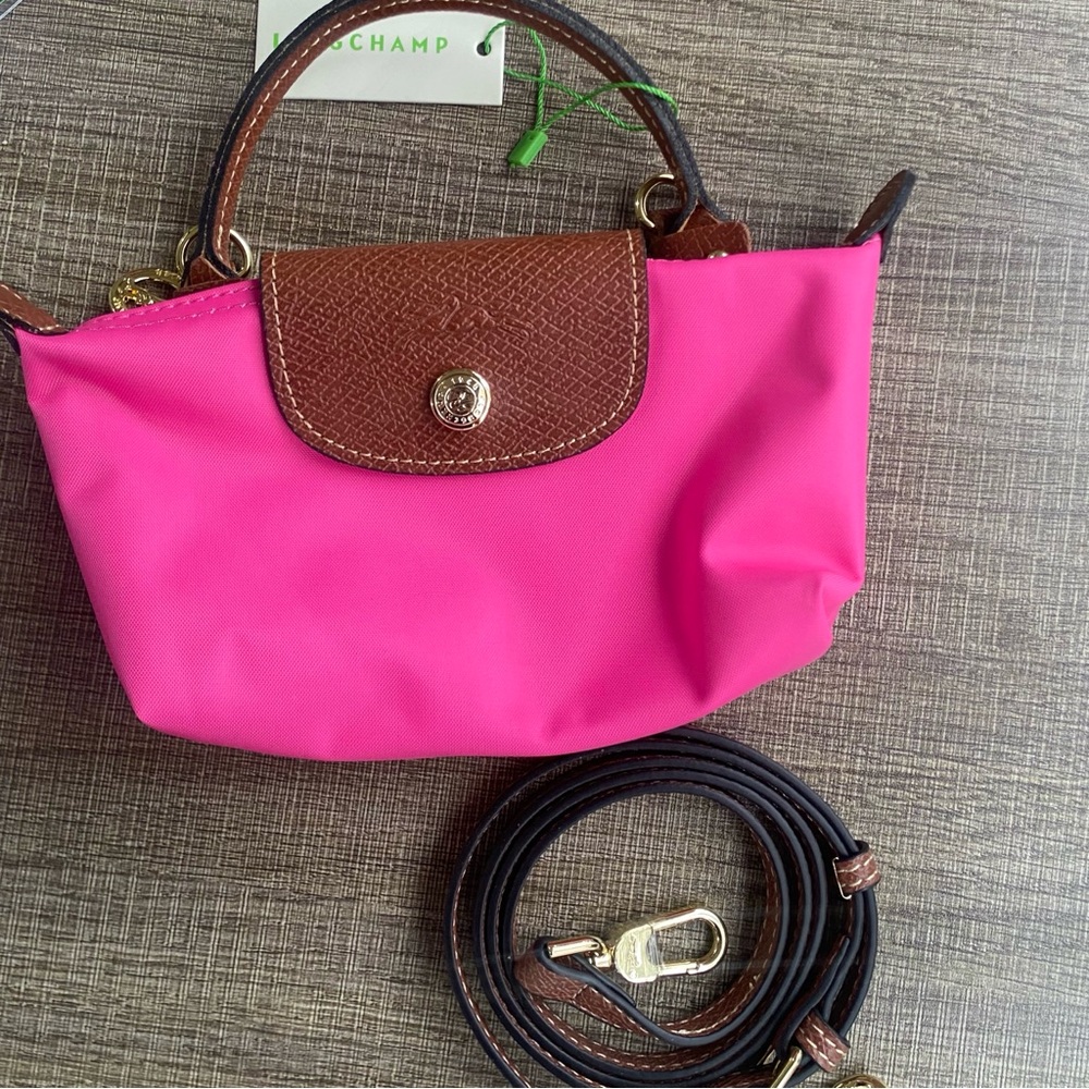 Longchamp Rose Red Crossbody Bag Handle Brown